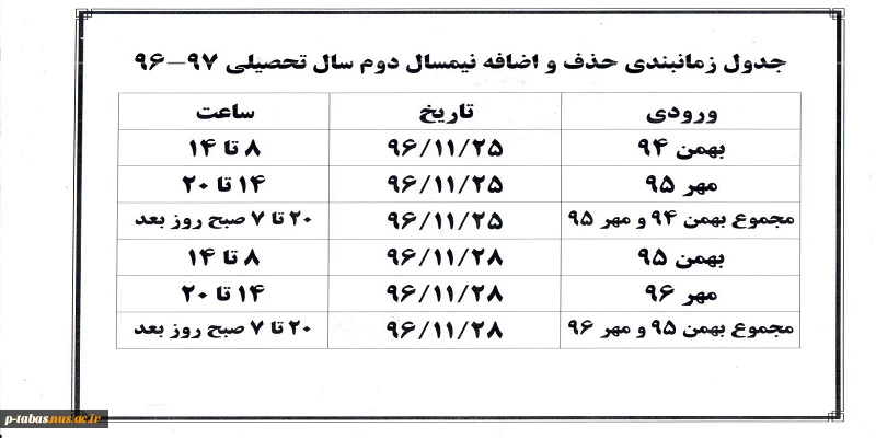 جدول زمانبندی حذف و اضافه نیمسال دوم 2