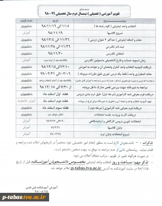 تقویم آموزشی (تفصیلی) نیمسال دوم سال تحصیلی 99-98آموزشکده فنی و حرفه ای امام علی (ع) طبس اعلام شد