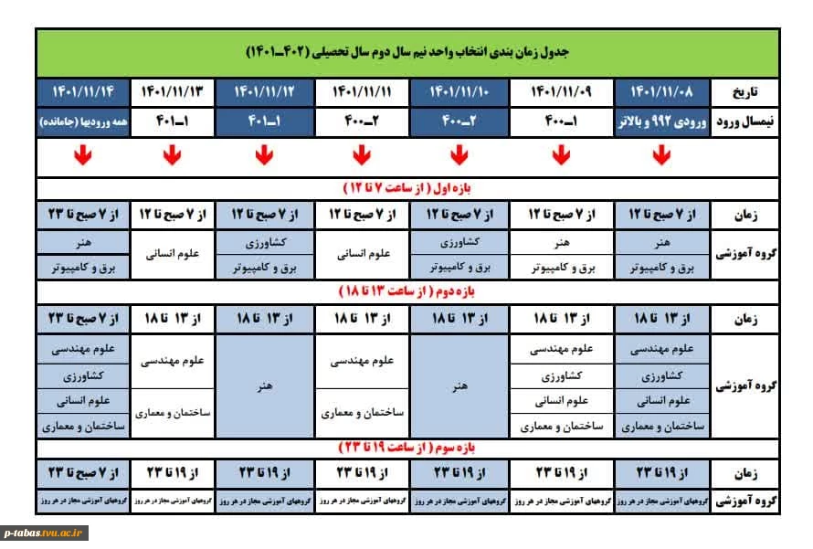اطلاعیه زمان بندی انتخاب واحد ترم بهمن 1401 و چارت درسی ، ترم بندی و برنامه هفتگی ترم بهمن 1401 آموزشکده فنی و حرفه ای امام علی(ع) طبس 2