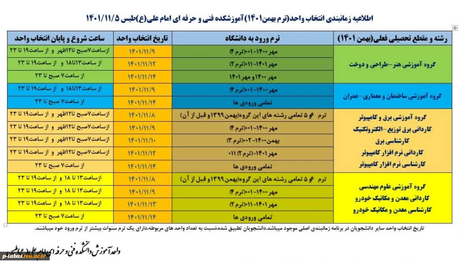 اطلاعیه زمان بندی انتخاب واحد ترم بهمن 1401 و چارت درسی ، ترم بندی و برنامه هفتگی ترم بهمن 1401 آموزشکده فنی و حرفه ای امام علی(ع) طبس 2