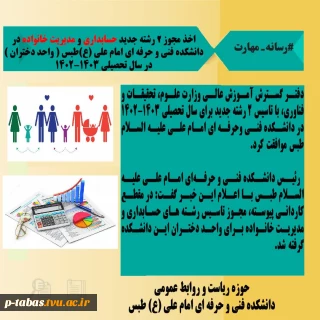 اخذ مجوز رشته حسابداری و مدیریت خانواده در مقطع کاردانی در دانشکده فنی و حرفه‌ای امام علی (ع) طبس
